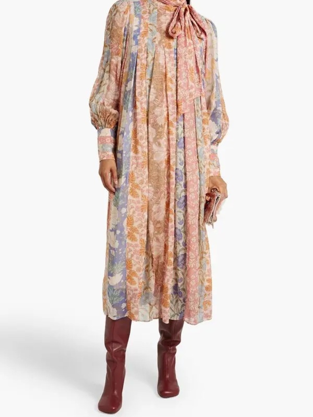 Zimmermann Pastel Floral Midi Dress with Bow Neck